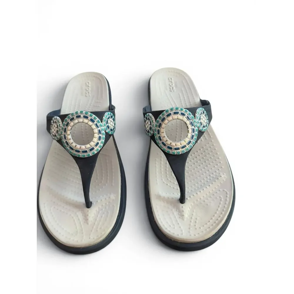 Crocs Women's Sanrah Diamante Navy Wedge Flip Sandals Studded Accent Size 11 - Picture 6 of 10